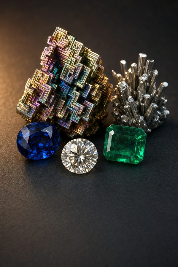 Saphir, Smaragd und Brillant vor Kristallen aus Bismut und Gallium